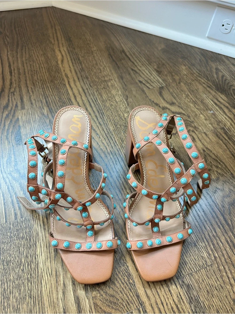 Sam Edelman Tan Leather Studded Turquoise Strap Sandals, size 9